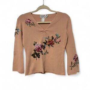 Vintage Y2K Tan and pink floral embroidered V-neck top Med